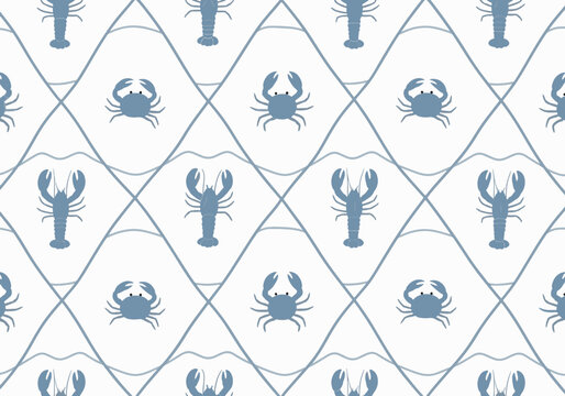 Seamless nautical pattern with blue lobster and crab icons on white background