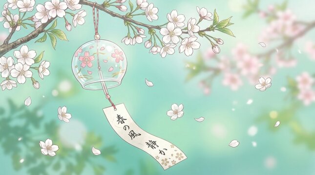 Artistic Illustration of Furin Wind Chime and Sakura Flowers
