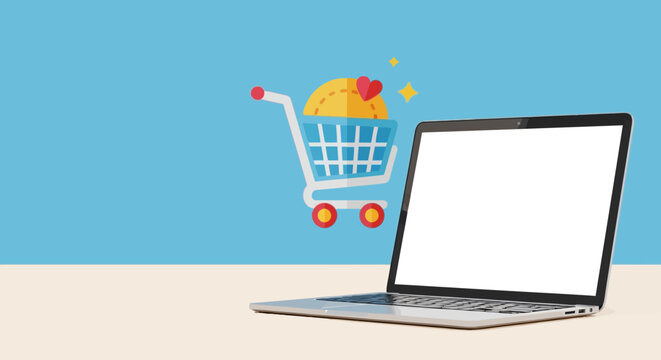 Online Shopping Concept: Laptop, Shopping Cart, Heart Icon on Blue Background