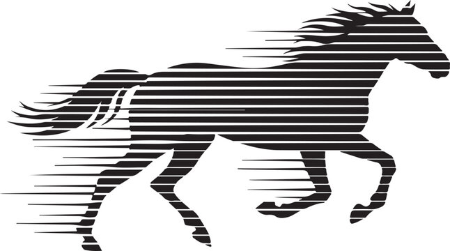 Black horse silhouette, running horse icon, striped pattern, motion graphics element, vector illustration