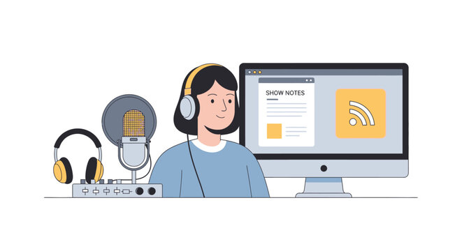 Podcast Studio Setup: Woman Recording Audio with Microphone, Headphones, and Computer