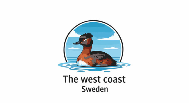 Stylized grebe bird floats on water, a coastal scene in a circle