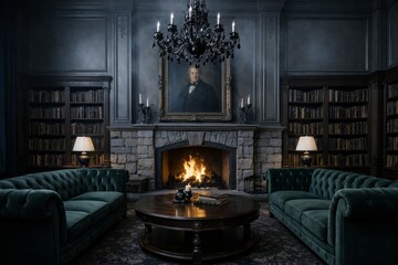 Naklejka premium Elegant vintage library interior with fireplace and sofas. Ai generative