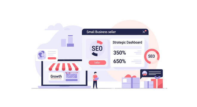 Small business online growth, SEO strategy dashboard and e-commerce store success