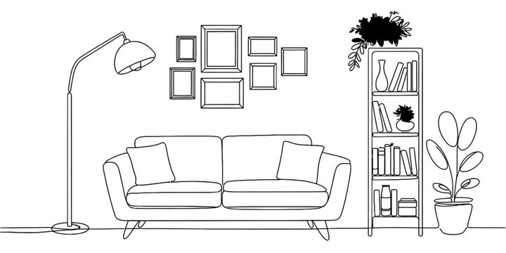 Living room interior sketch with couch sofa floor lamp bookshelf and picture frames on wall Vector, illustration