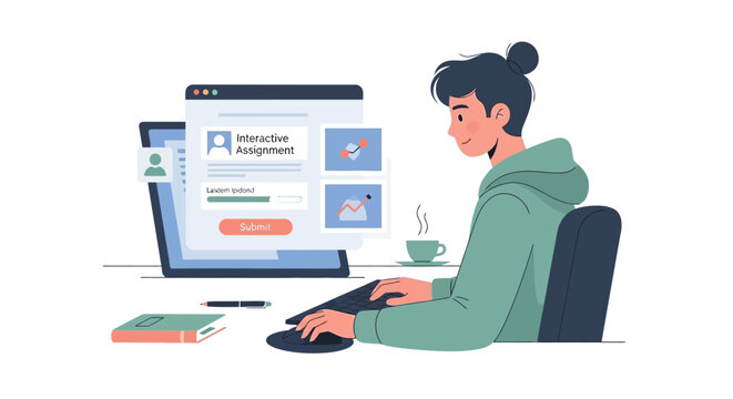 Student doing online assignment on computer, e-learning concept