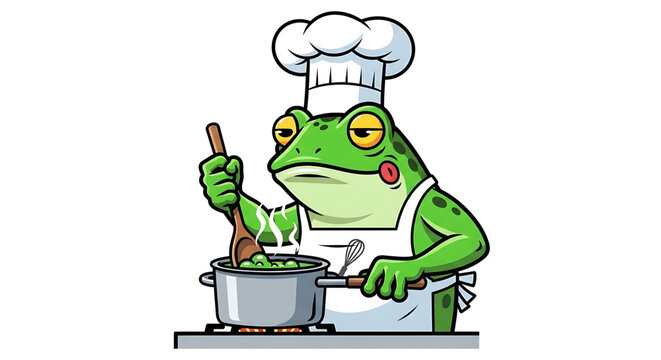 A cartoon frog chef wearing a white toque and apron, stirring a pot of green peas on a stovetop