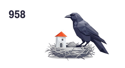 Naklejka premium Low poly illustration of a crow sitting in a nest with a small house and a stone