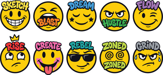 Graffiti emoji vector set, collection of cartoon faces with motivational words, hustle, dream, and rebel icons, vibrant pop art stickers © Graphiccircle