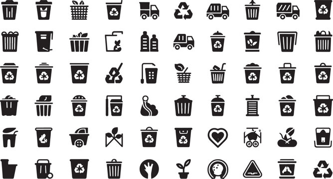 waste management icon bundle set in black vector silhouette