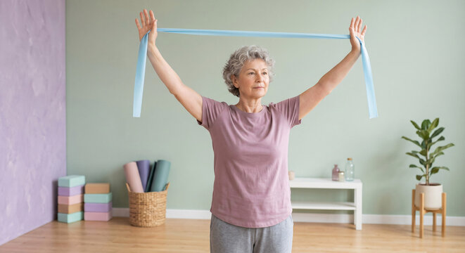 Active senior woman performing arm exercises with a light blue resistance band in a bright, minimalist home studio, focusing on flexibility and strength for improved well-being and healthy aging