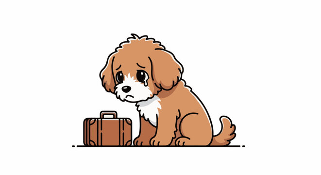 Sad cartoon dog with a suitcase, looking tearful