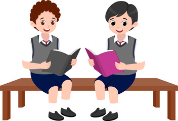 Obraz premium School Boys Reading Books Together on Bench Illustration