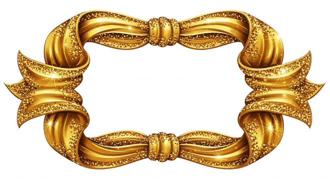 Ornate gold ribbon frame with glitter texture, rectangular border with folded fabric loops isolated on a solid black background