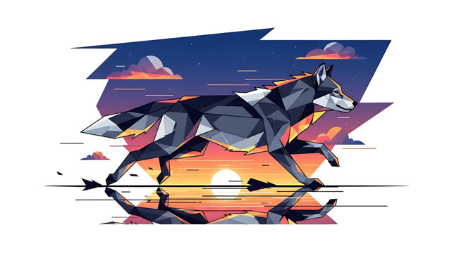 Low poly geometric wolf running at sunset with reflection