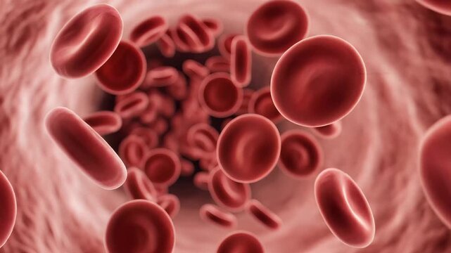 Closeup view of red blood cells flowing through a blood vessel.