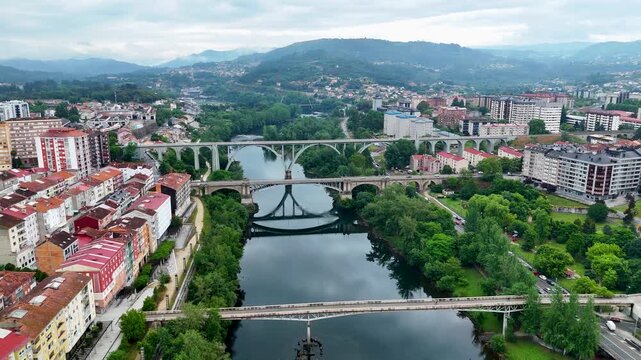Ponte nova and viaduct aerial view in ourense, spain