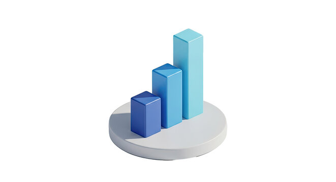 A 3D rendered bar graph with three blue bars on a white circular base.