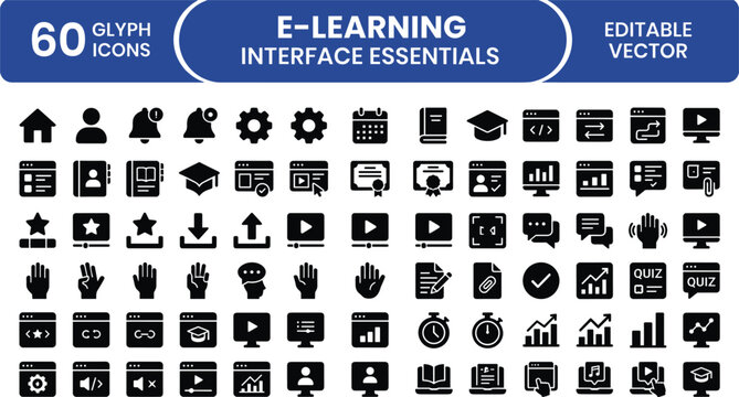 E Learning Interface Essentials Icon Set Featuring Online Education, Courses, Video Lessons, Quizzes, Progress Tracking and Student Interaction Concepts