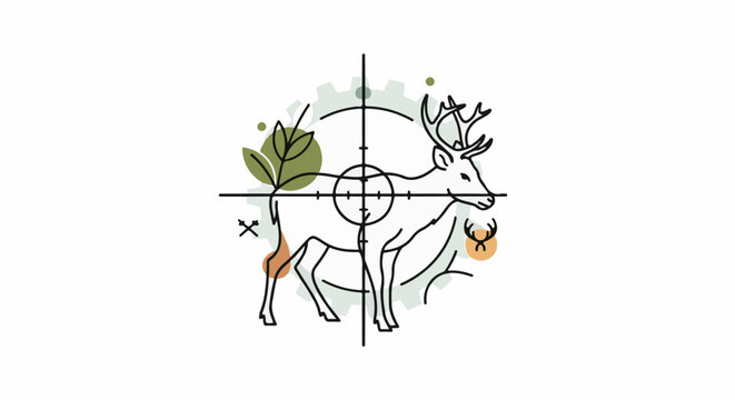 Stylized deer silhouette with antlers within a crosshair target and botanical elements