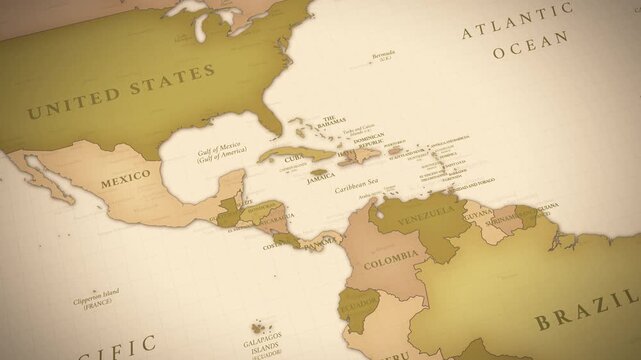 Vintage Central America Map Animation &ndash; Caribbean and Gulf of Mexico Political Geography