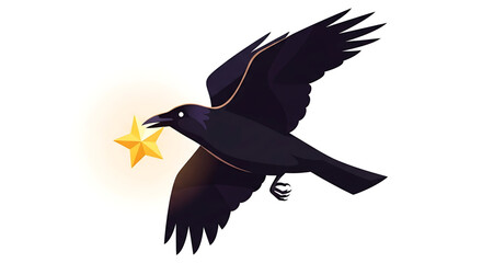 Naklejka premium A black crow flying and holding a glowing golden star in its beak