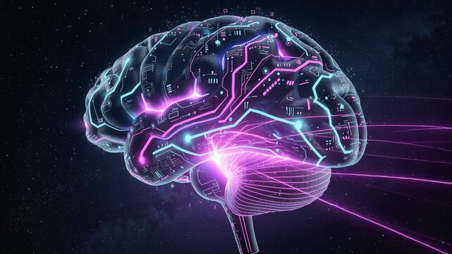 Futuristic digital brain with neon glowing circuits and technology connections on a dark cosmic background