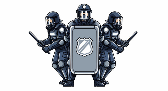 Three riot police officers in protective gear holding batons and shields
