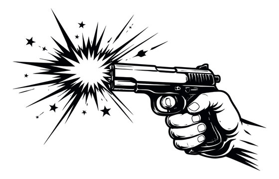 Hand drawn illustration of a hand holding a handgun depicting firing with a muzzle flash for security or action concepts