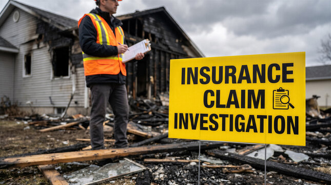 Insurance adjuster inspecting a firedamaged residential property with an insurance claim investigation sign in the foreground