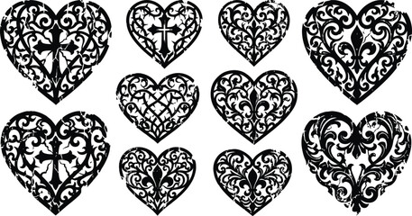 Heart set, intricate lace heart collection with religious cross symbols, artistic vintage flourish elements for classic branding and luxury decor © Graphiccircle