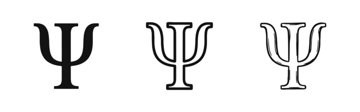 Greek letter Psi symbol icon in three different design styles commonly used for psychology and mental health concepts.