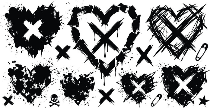 Heart set, grunge punk style heart shapes with cross marks and ink splatters, black hand drawn distressed stickers for emo designs