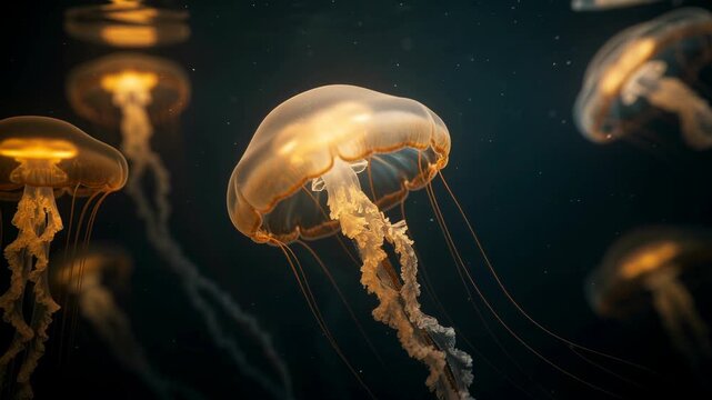 Glowing jellyfish floating in dark ocean water with translucent bodies and long tentacles