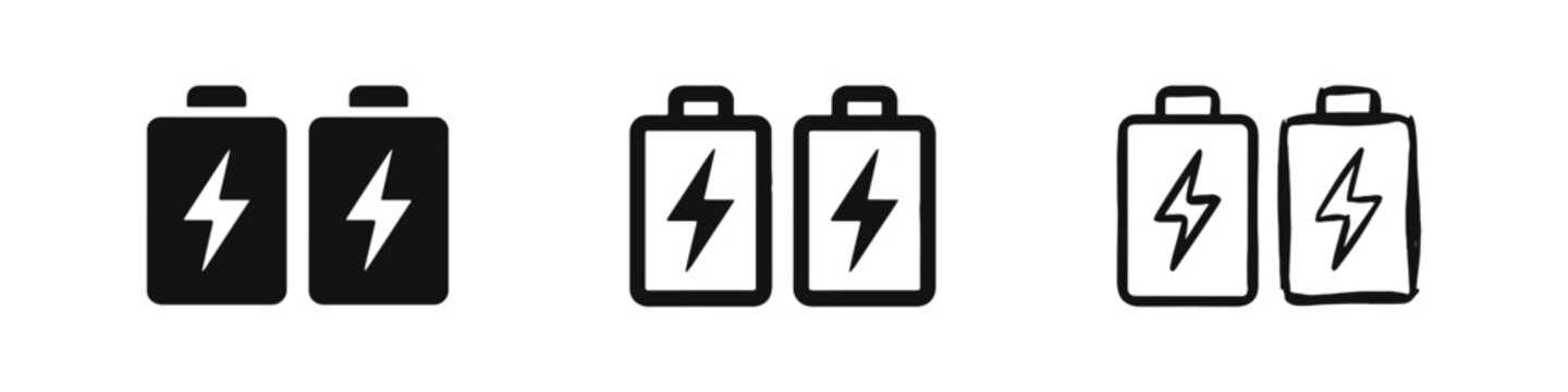 Battery charging icons with lightning bolt symbol in three design styles for power and energy status representation.