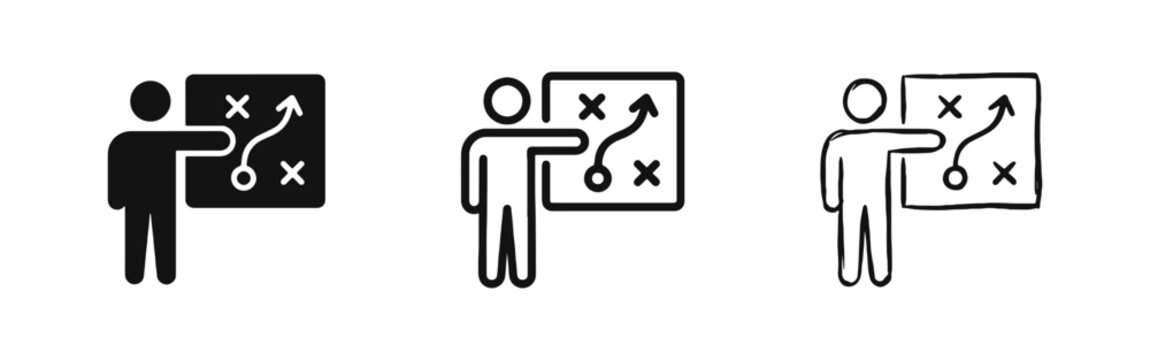 Business strategy and tactical planning icon featuring a coach or presenter in three different design styles.