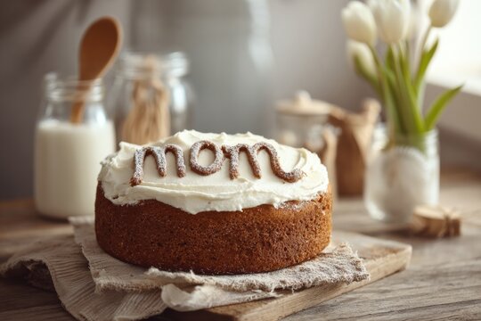 Freshly baked round cake with 'mom' text and white frosting