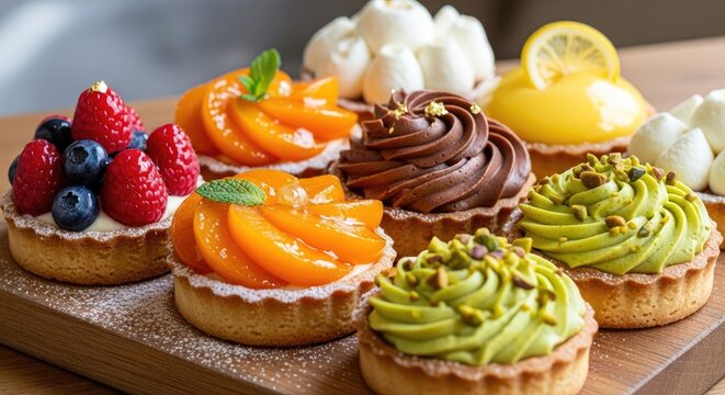 A delightful assortment of desserts, each boasting a unique flavor and presentation, set against the backdrop of a serene garden, inviting one to indulge in the sweet delights.