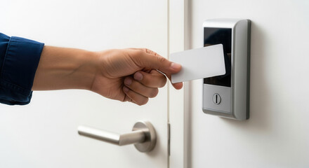 Naklejka premium Human hand with medium skin tone presenting a blank white key card to access reader on office door, workplace security and entry control