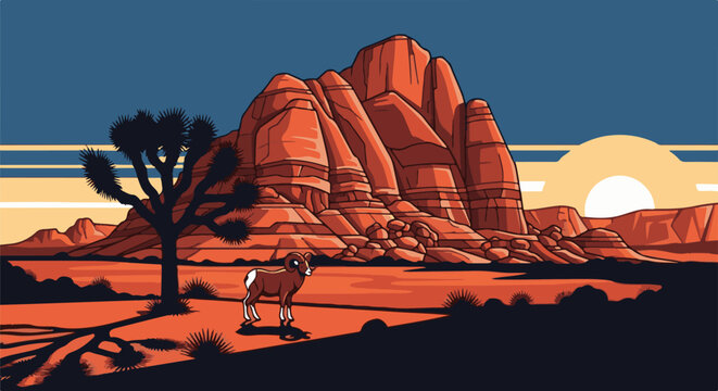 Stylized pixel art desert landscape with ram and Joshua tree