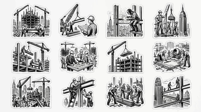 Set of vintage style construction icons featuring builders architects and heavy machinery working on urban skyscraper projects in detailed line art
