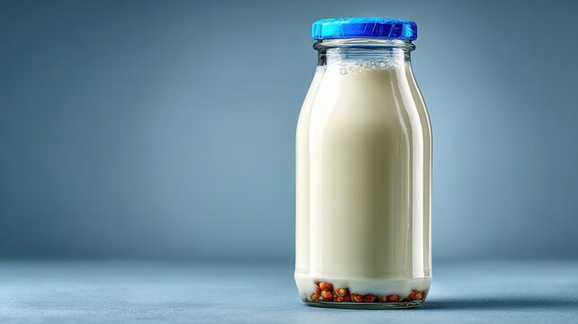 Glass milk bottle with blue cap isolated on white background, fresh dairy product for healthy breakfast