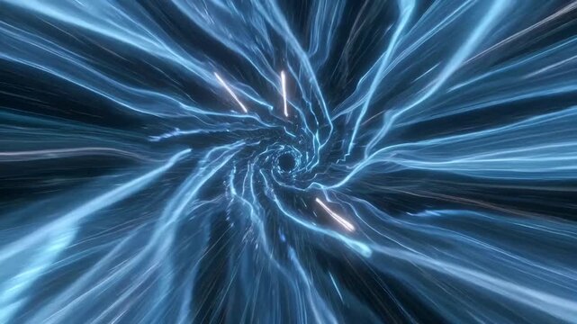 Blue luminous streaks converging in radial motion, digital abstract style on dark background, concept of speed futuristic energy