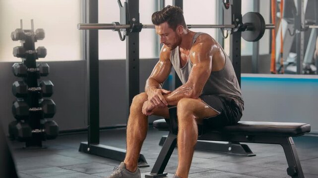 Muscular man taking a break after intense workout in modern gym with weights and fitness equipment