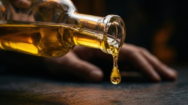 Liquid Gold Droplet Pouring from Glass Bottle Mouth