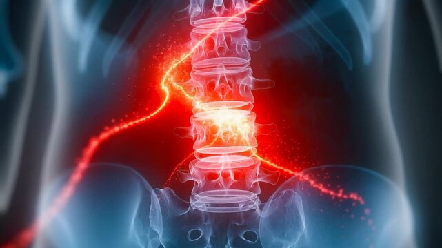 3D illustration of lower back pain with glowing spine and sciatic nerve inflammation in human body anatomy