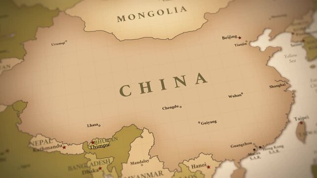 Vintage style political map animation focused on China and East Asia with smooth cinematic zoom movement.
