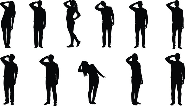 People silhouette set, men and women looking away, shading eyes from sun, searching far ahead, and standing in casual poses, isolated vector graphic.
