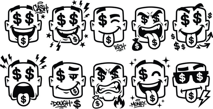Emoji set, rich character face collection with cash symbols and greedy expressions, monochrome hand drawn stickers for financial success concepts
