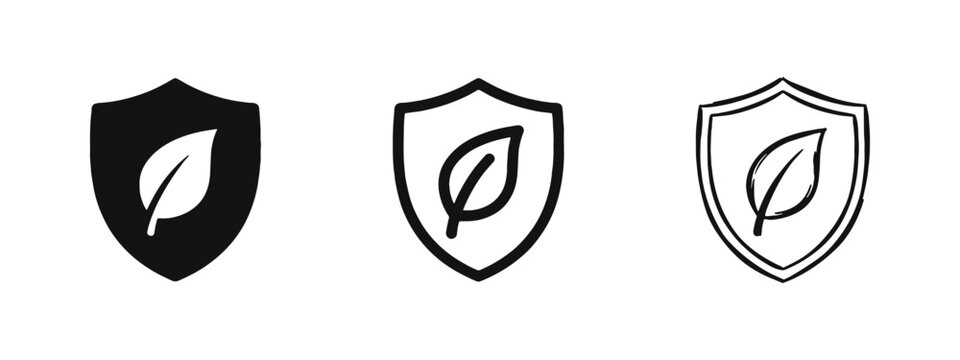 Eco protection shield with leaf icon set for environmental safety in three styles